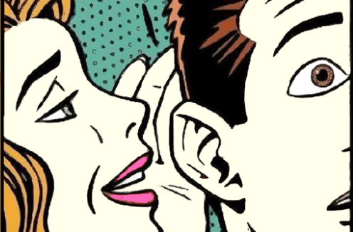 Pop art style illustration of a woman whispering into a mans ear