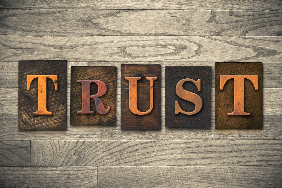 Letterpress letters spelling the word 'trust'