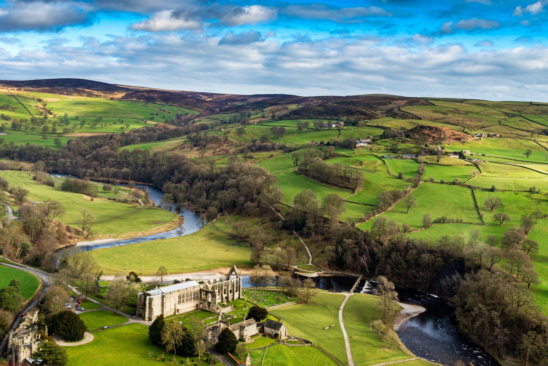 Bolton Abbey with the Yorkshire Dales in the background