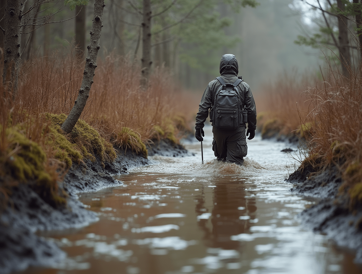 person walking away knee deep in water